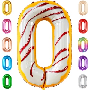 Balon din Folie Metalizata Flippy, Figurina Cifra, Imprimeu Gogosi, Tema Aniversare 100 cm, Ambalaj Individual, Pai inclus, Umflare cu Aer sau Heliu, Multicolor, Cifra 0 - Img 9