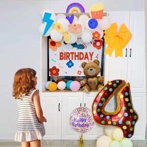Balon din Folie Metalizata Flippy, Figurina Cifra, Imprimeu Gogosi, Tema Aniversare 100 cm, Ambalaj Individual, Pai inclus, Umflare cu Aer sau Heliu, Multicolor, Cifra 4 - Img 9