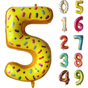 Balon din Folie Metalizata Flippy, Figurina Cifra, Imprimeu Gogosi, Tema Aniversare 100 cm, Ambalaj Individual, Pai inclus, Umflare cu Aer sau Heliu, Multicolor, Cifra 5 - Img 7