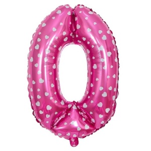 Balon din Folie Metalizata Flippy, Figurina Cifra, Imprimeu Inimi, Tema Aniversare 80 cm, Ambalaj Individual, Pai inclus, Umflare cu Aer sau Heliu, Roz, Cifra 0