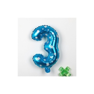 Balon din Folie Metalizata Flippy, Figurina Cifra, Imprimeu Stele, Tema Aniversare 80 cm, Ambalaj Individual, Pai inclus, Umflare cu Aer sau Heliu, Albastru, Cifra 3 - Img 2