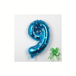 Balon din Folie Metalizata Flippy, Figurina Cifra, Imprimeu Stele, Tema Aniversare 80 cm, Ambalaj Individual, Pai inclus, Umflare cu Aer sau Heliu, Albastru, Cifra 9 - Img 3