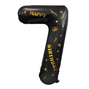 Balon din Folie Metalizata Flippy, Figurina Cifra, Scris Happy Birthday, Tema Aniversare 100 cm, Ambalaj Individual, Pai inclus, Umflare cu Aer sau Heliu, Negru, Cifra 7 - Img 3