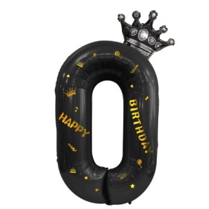 Balon din Folie Metalizata Flippy, Figurina Cifra si Coroana, Scris Happy Birthday, Tema Aniversare 100 cm, Ambalaj Individual, Pai inclus, Umflare cu Aer sau Heliu, Negru, Cifra 0 - Img 7