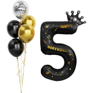 Balon din Folie Metalizata Flippy, Figurina Cifra si Coroana, Scris Happy Birthday, Tema Aniversare 100 cm, Ambalaj Individual, Pai inclus, Umflare cu Aer sau Heliu, Negru, Cifra 5 - Img 3