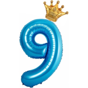 Balon din Folie Metalizata Flippy, Figurina Cifra si Coroana, Tema Aniversare 100 cm, Ambalaj Individual, Pai inclus, Umflare cu Aer sau Heliu, Albastru, Cifra 9 - Img 1
