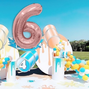 Balon din Folie Metalizata Flippy, Figurina Cifra, Tema Aniversare 100 cm, Ambalaj Individual, Pai inclus, Umflare cu Aer sau Heliu, Coral, Rose, Cifra 6 - Img 3