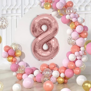 Balon din Folie Metalizata Flippy, Figurina Cifra, Tema Aniversare 100 cm, Ambalaj Individual, Pai inclus, Umflare cu Aer sau Heliu, Coral, Rose Gold, Cifra 8 - Img 3