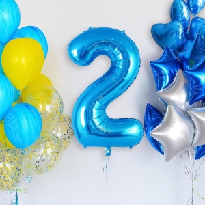 Balon din Folie Metalizata, Flippy, Figurina Cifra, Tema Aniversare 100 cm, Ambalaj Individual, Pai inclus, Umflare cu Aer sau Heliu, Albastru, Cifra 2 - Img 3