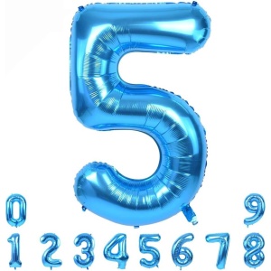 Balon din Folie Metalizata, Flippy, Figurina Cifra, Tema Aniversare 100 cm, Ambalaj Individual, Pai inclus, Umflare cu Aer sau Heliu, Albastru, Cifra 5 - Img 2