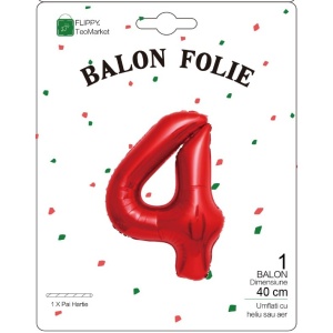 Balon din Folie Metalizata Flippy, Figurina Cifra, Tema Aniversare 40 cm, Ambalaj Individual, Pai inclus, Umflare cu Aer sau Heliu, Rosu, Cifra 4 - Img 2