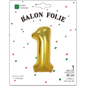 Balon din Folie Metalizata Flippy, Figurina Cifra, Tema Aniversare 40 cm, Ambalaj Individual, Pai inclus, Umflare cu Aer sau Heliu, Auriu, Cifra 1 - Img 2