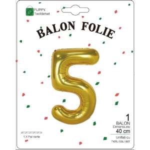 Balon din Folie Metalizata Flippy, Figurina Cifra, Tema Aniversare 40 cm, Ambalaj Individual, Pai inclus, Umflare cu Aer sau Heliu, Auriu, Cifra 5 - Img 2