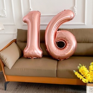 Balon din Folie Metalizata Flippy, Figurina Cifra, Tema Aniversare 40 cm, Ambalaj Individual, Pai inclus, Umflare cu Aer sau Heliu, Roz Gold, Cifra 6 - Img 2