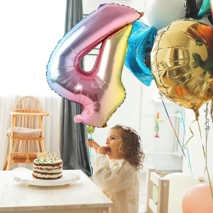 Balon din Folie Metalizata Flippy, Figurina Cifra, Tema Aniversare 40 cm, Ambalaj Individual, Pai inclus, Umflare cu Aer sau Heliu, Multicolor, Cifra 4 - Img 2