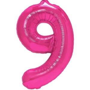 Balon din Folie Metalizata Flippy, Figurina Cifra, Tema Aniversare 40 cm, Ambalaj Individual, Pai inclus, Umflare cu Aer sau Heliu, Roz, Cifra 9 - Img 1