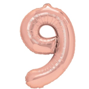 Balon din Folie Metalizata Flippy, Figurina Cifra, Tema Aniversare 40 cm, Ambalaj Individual, Pai inclus, Umflare cu Aer sau Heliu, Rose Gold, Cifra 9 - Img 1