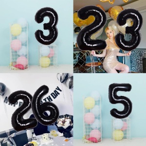 Balon din Folie Metalizata, Flippy, Figurina Cifra, Tema Aniversare 80 cm, Ambalaj Individual, Pai inclus, Umflare cu Aer sau Heliu, Negru, Cifra 3 - Img 6