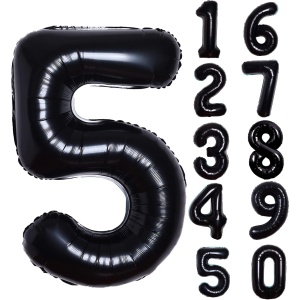 Balon din Folie Metalizata, Flippy, Figurina Cifra, Tema Aniversare 80 cm, Ambalaj Individual, Pai inclus, Umflare cu Aer sau Heliu, Negru, Cifra 5 - Img 6