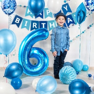 Balon din Folie Metalizata Flippy, Figurina Cifra, Tema Aniversare 80 cm, Ambalaj Individual, Pai inclus, Umflare cu Aer sau Heliu, Albastru, Cifra 6 - Img 4