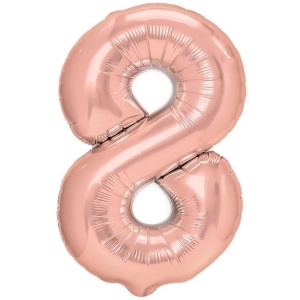 Balon din Folie Metalizata Flippy, Figurina Cifra, Tema Aniversare 80 cm, Ambalaj Individual, Pai inclus, Umflare cu Aer sau Heliu, Rose Gold, Cifra 8 - Img 1