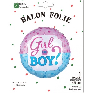 Balon din Folie Metalizata, Flippy, Figurina Rotunda, Model Girl or Boy, Tema Gender Reveal, 45 cm, Ambalaj Individual, Pai Inclus, Umflare cu Aer sau Heliu, Albastru/Roz - Img 4