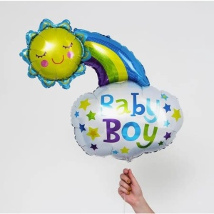Balon din Folie Metalizata, Flippy, Figurina Soare si Nor, Tema Botez, 60x53 cm, Ambalaj Individual, Pai Inclus, Umflare cu Aer sau Heliu, Albastru - Img 2