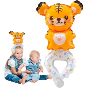 Balon din Folie Metalizata, Flippy, Figurine Animalute, Tip Bratara, Model Tigru, 17x34 cm, Ambalaj Individual, Pai Inclus, Umflare cu Aer sau Heliu, Maro - Img 3