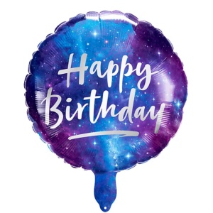 Balon din Folie Metalizata, Flippy, Mini Figurina Rotunda, Model Cer Instelat, Happy Birthday, Tematica Aniversare, 45 cm, Ambalaj Individual, Pai Inclus, Umflare cu Aer sau Heliu, Multicolor - Img 2