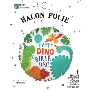 Balon din Folie Metalizata, Flippy, Mini Figurina Rotunda, Model Happy Birthday cu Dinozauri, Tema Aniversare, 45 cm, Ambalaj Individual, Pai inclus, Umflare cu Aer sau Heliu, Multicolor - Img 3