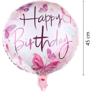 Balon din Folie Metalizata, Flippy, Mini Figurina Rotunda, Model Happy Birthday Fluturasi, Tema Aniversare, 45 cm, Ambalaj Individual, Pai inclus, Umflare cu Aer sau Heliu, Roz - Img 3