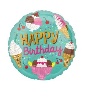 Balon din Folie Metalizata, Flippy, Mini Figurina Rotunda, Model Inghetata, Happy Birthday, Tematica Aniversare, 45 cm, Ambalaj Individual, Pai Inclus, Umflare cu Aer sau Heliu, Verde - Img 1