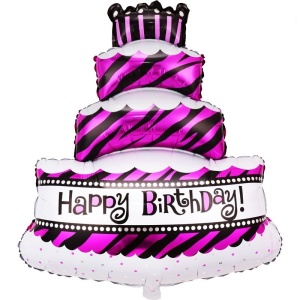 Balon din Folie Metalizata, Flippy, Model Tort cu 4 Straturi, Balon Aniversar, Model Happy Birthday, 62x43 cm, Ambalaj Individual, Pai inclus, Umflare cu Aer sau Heliu, Mov