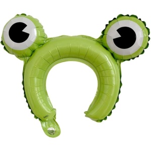 Balon din Folie Metalizata, Flippy, Tip Coronita cu Urechi, Model Broasca, Ambalaj Individual, Pai Inclus, Umflare cu Aer sau Heliu, 28 x 31 cm, Verde - Img 1