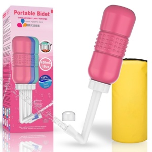 Bideu Portabil pentru Igiena Intima, Flippy, pentru Postpartum/ Postoperator, 450 mL, cu Capac si Husa Galbena, 29.5x7 cm, Culoare Recipient Roz - Img 5