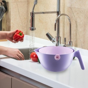 Bol cu Doua Straturi, Flippy, pentru Fructe, Legume, cu Cos de Scurgere a Apei, 2L, din ABS+PP, 29.9 x 22.5 x 11.8 cm, Mov - Img 4