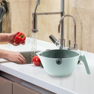 Bol cu Doua Straturi, Flippy, pentru Fructe, Legume, cu Cos de Scurgere a Apei, 2L, din ABS+PP, 29.9 x 22.5 x 11.8 cm, Verde - Img 4