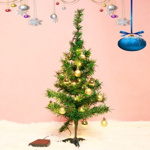 Brad Artificial Impodobit, 60 cm, suport plastic, cu instalatie luminoasa 20 LED alb cald + 20 globuri aurii incluse, Flippy - Img 1