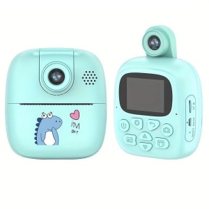 Camera Instantanee pentru Copii, Flippy, Camera Frontala + Selfie, cu Functie de Printare, Cablu USB-C, Bluetooth, Compatibil iOS/Android, Imprimare APP, Model Dino, Albastru - Img 1