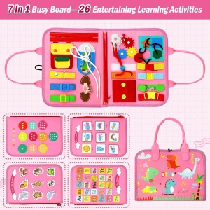 Carte Senzoriala Educativa Montessori 7in1, Flippy, 26 de Activitati, Dezvoltare Abilitati Motorii, 4 Pagini, Model Dinozauri, 28x22x7 cm, Roz - Img 6