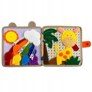 Carte Senzoriala Educativa Montessori 7in1, Flippy, Dezvoltare Abilitati Motorii, 8 Pagini, 3D, cu Elemente Detasabile, Model Girafa, 21x21x8 cm, Maro - Img 4