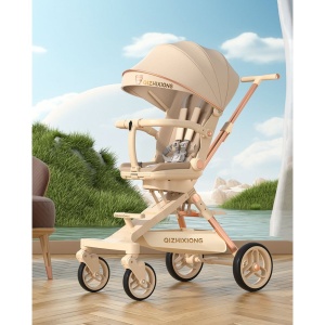 Carucior Sport Flippy 3in1, 6-36 Luni, Pliabil, Tavita pentru Masa, Pat de Dormit, Centura de Siguranta, Roti 360 Grade, Reversibil, Parasolar, Maner Reglabil, 64 x 35 x 100 cm, Bej - Img 6