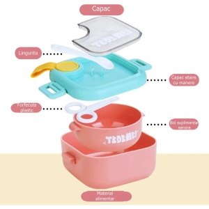 Caserola pentru copii Flippy, lunch box, 750 ml, doua boluri, lingura, foarfeca din plastic, rezistenta la scurgeri, Roz - Img 7
