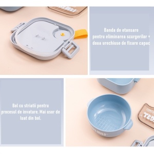 Caserola pentru copii Flippy, lunch box, 750 ml, doua boluri, lingura, foarfeca din plastic, rezistenta la scurgeri, Albastra - Img 6