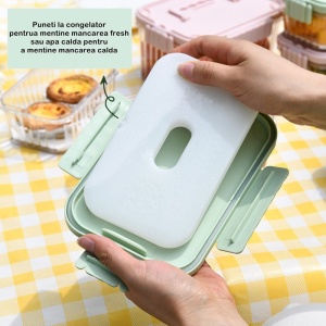 Caserola portabila pentru mancare fresh Flippy, 1500 ml, 2 furculite,10 x 13.5 x 20 cm, 2 capace detasabile pentru congelator, etans, spatiu pentru tacamuri, maner, material plastic, rezistent la temperaturi ridicate, transparent - Img 3