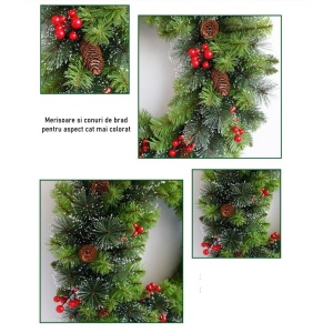 Coronita pentru Craciun Flippy, 60 cm, din brad artificial, decorata cu conuri si merisoare, Verde - Img 1