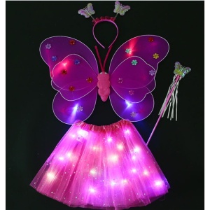 Costum Fluturas cu Aripi Modelabile Luminoase pentru Copii, Flippy, Fusta din Tul cu Lumini, Bagheta si Bentita, 4 piese, Pentru Halloween, Roleplay, Craciun, Carnaval, Paste, Ziua Copilului, Bumbac/Poliester, Marime universala, Roz-Rosu - Img 2