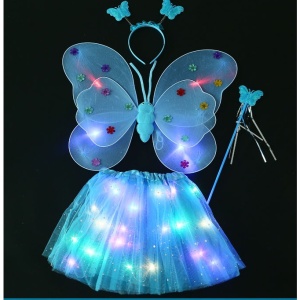 Costum Fluturas cu Aripi Modelabile Luminoase pentru Copii, Flippy, Fusta din Tul cu Lumini, Bagheta si Bentita, 4 piese, Pentru Halloween, Roleplay, Craciun, Carnaval, Paste, Ziua Copilului, Bumbac/Poliester, Marime universala, Albastru - Img 2