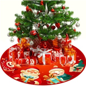 Covoras pentru Bradul de Craciun, Flippy, din Tesatura Pufoasa, cu Fundite de Prindere, Model Mos Craciun si Ajutoarele, Rosu, Diametru 90 cm - Img 2