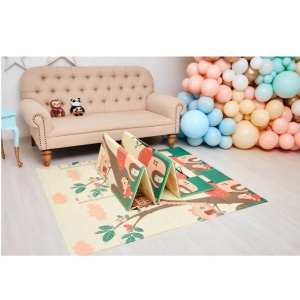 Covoras pentru Copii, Flippy, cu 2 Fete, Model Casute in Copaci/Iepurasi, din XPE+PE, Impermeabil, Antiderapant, Protectie Termica, +3 Luni, Pliabil, 150 x 200 x 1.5 cm, Multicolor - Img 7